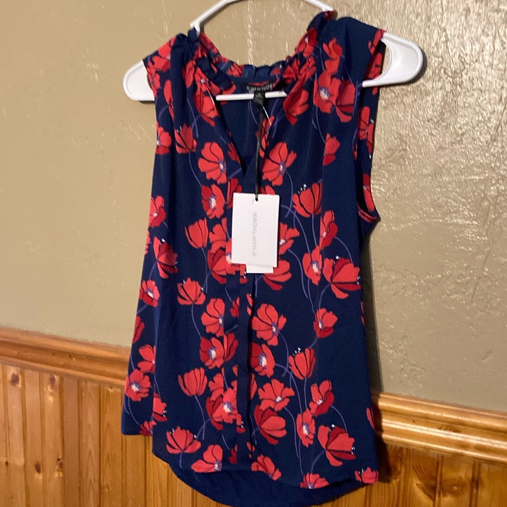 41 Hawthorn Blue and Red Ruffled Sleeveless Blouse